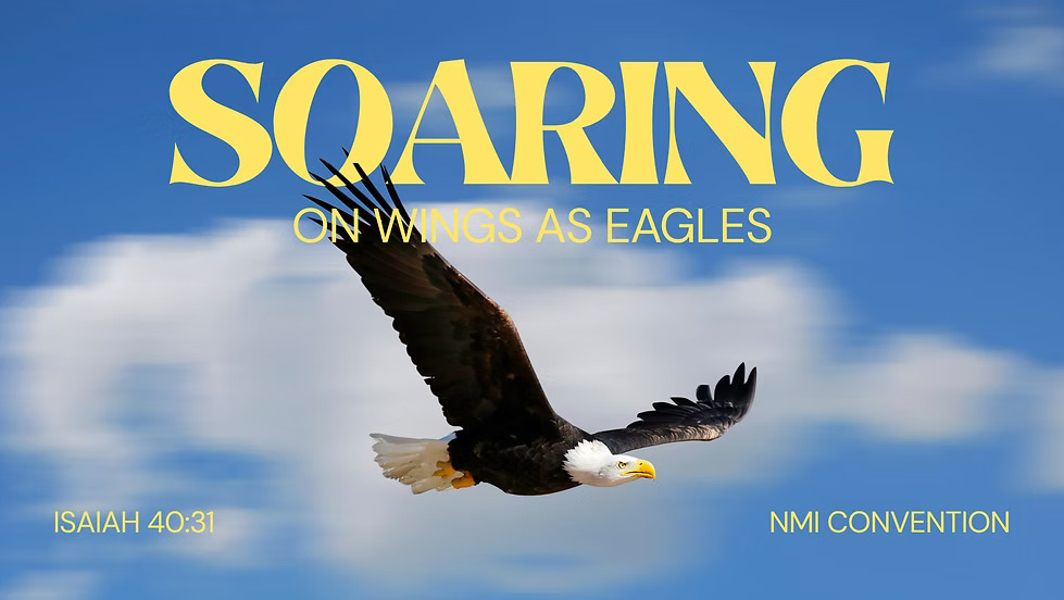 Eagle flying in blue sky with "Soaring on wings as eagles"